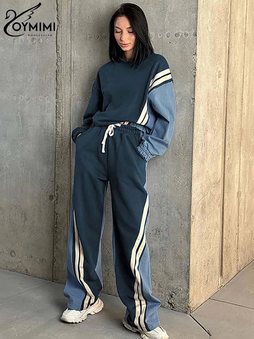 Oymimi Casual Blue Patchwork Sets For Women 2 Pieces O-Neck Long Sleeve Blouse And Drawstring Straight Sweatpants Set Streetwear