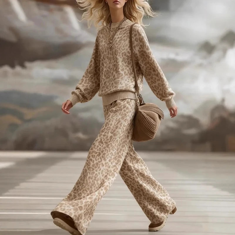 Vintage Leopard Print 2 Piece Sets Woman Elegant O Neck Sweatshirt & Wide Leg Trousers Suit Fall Winter Long Sleeve Loose Outfit