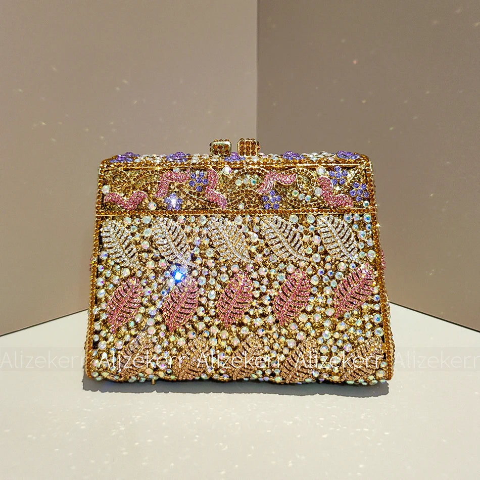 Metallic Leaf Diamond Evening Bag With Rhinestone Accents for Women