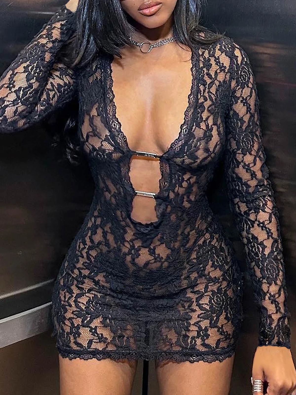 Lace Hollow Out Long Sleeve Bodycon Mini Dress for Women