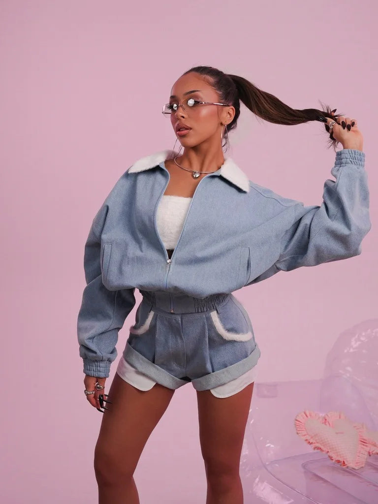 Long Sleeve Oversized Zip Jacket and Shorts Set for Women