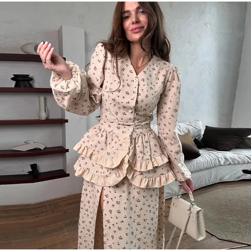 V Neck Button Lantern Sleeve Print Waistband Dress for Women