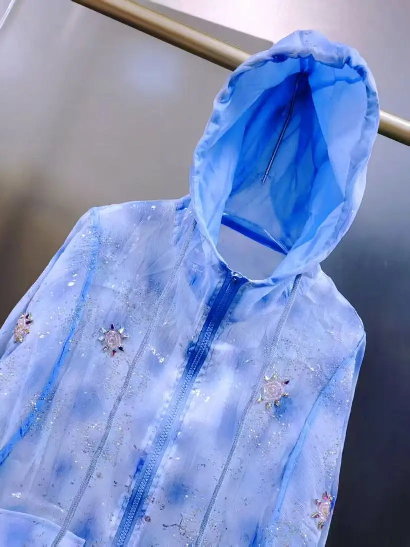 Blue Embellished Hooded Zipper Lightweight Shirt for Women