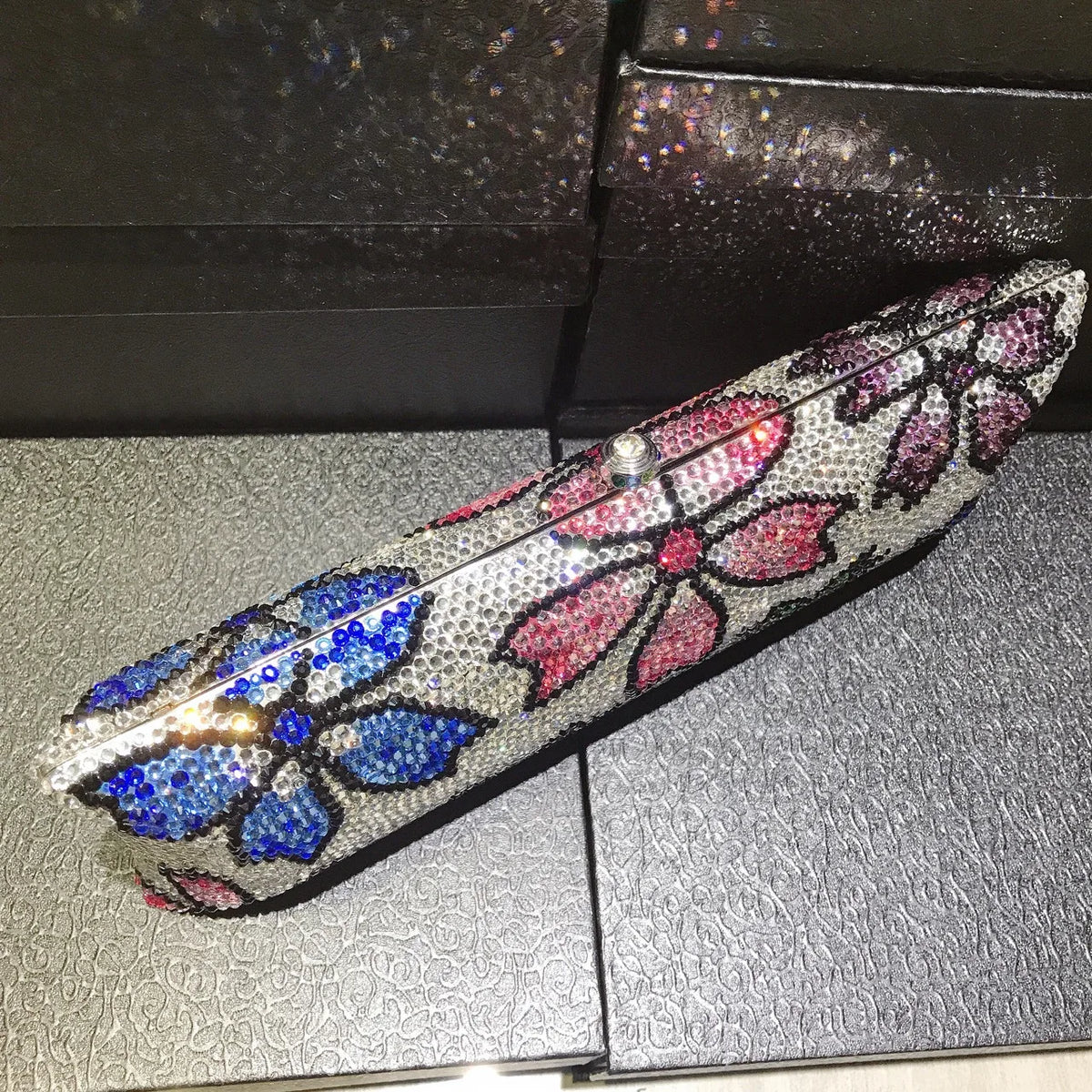 Sparkling Crystal Quilted Hard Case Clutch Bag for Women