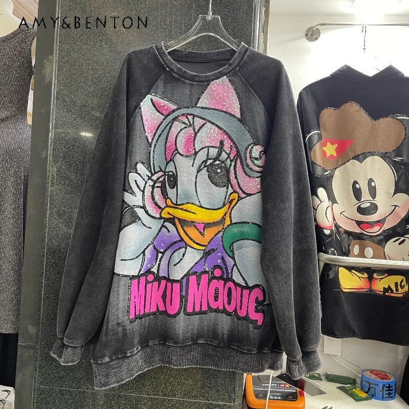 2025 Autumn Winter Heavy Loose Fashion Washed Cartoon Mid-Length Round Neck Hoodies Coat Popular Long-sleeves Sweatshirt Jacket