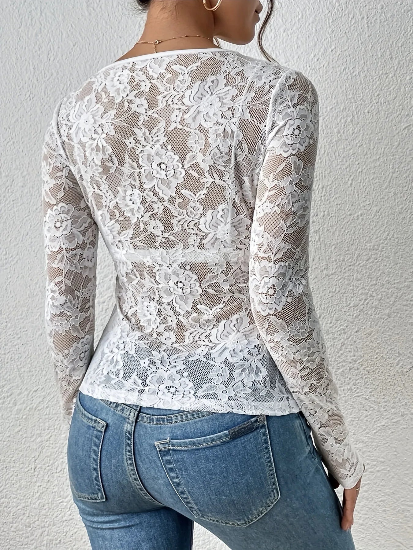 V-Neck Sheer Lace Long Sleeve Top with Scallop Trim for Women