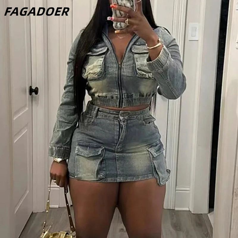Retro Denim Patchwork Cargo Two Piece Set for Women