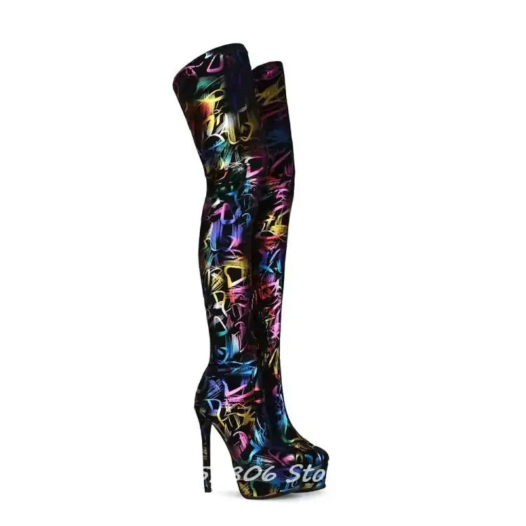 Colorful Graffiti Print Thigh High Platform Boots for Women