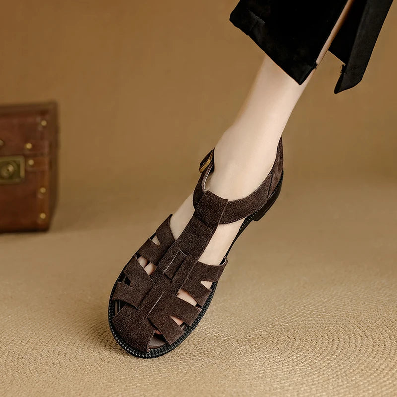 Retro Cowsuede Buckle Strap Closed Toe Sandals for Women