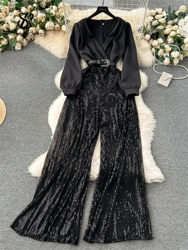 Sequined Patchwork V Neck Wide Leg Jumpsuit for Women