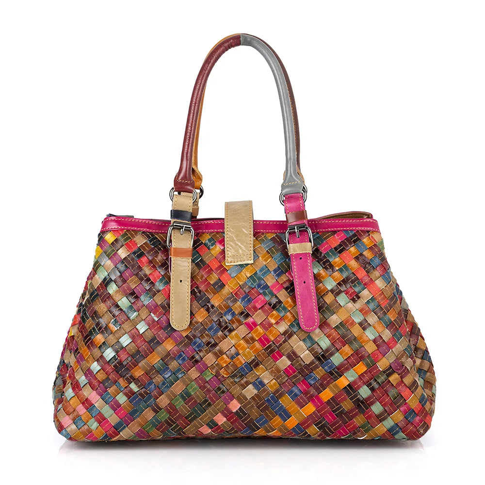 Woven tote bag, genuine leather, women's bag, cowhide, colorful retro casual buckle, women's hand-held multi-layer crossbody bag