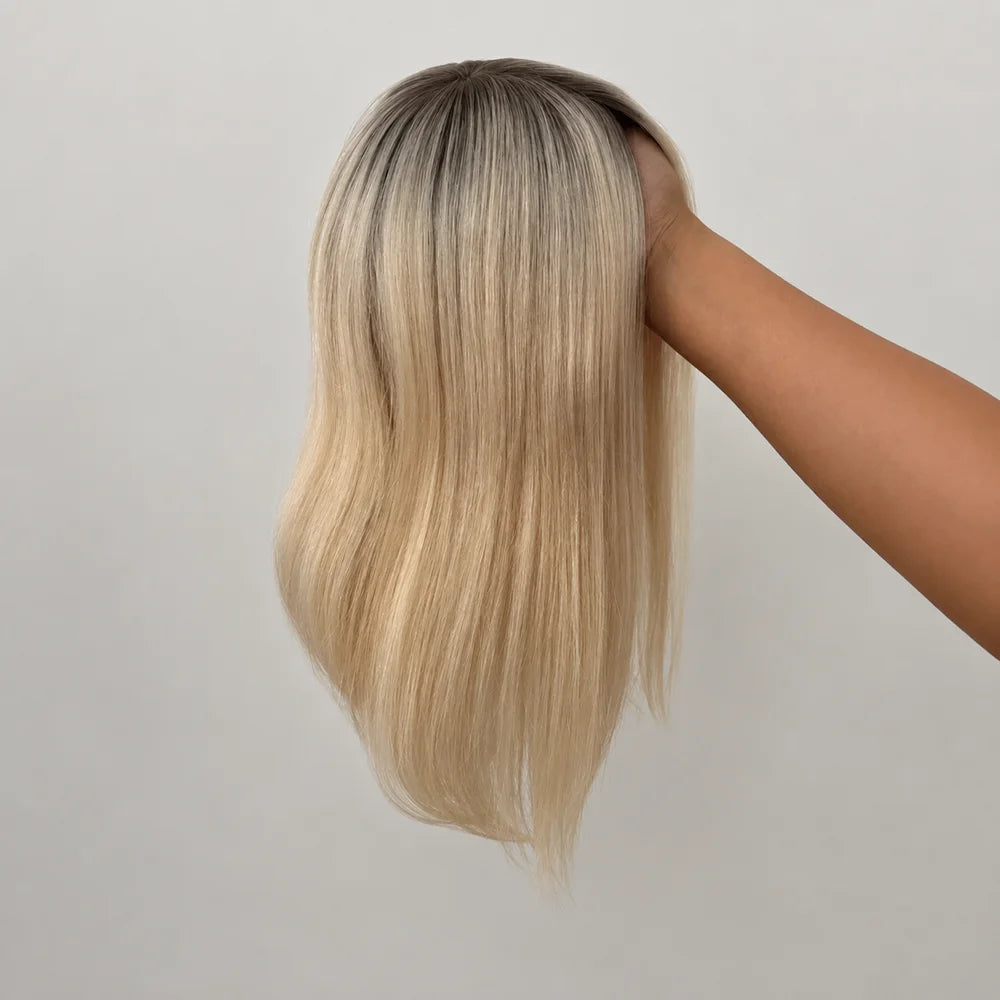 Natural Light Blonde Straight Human Hair Silk Top Wig for Women