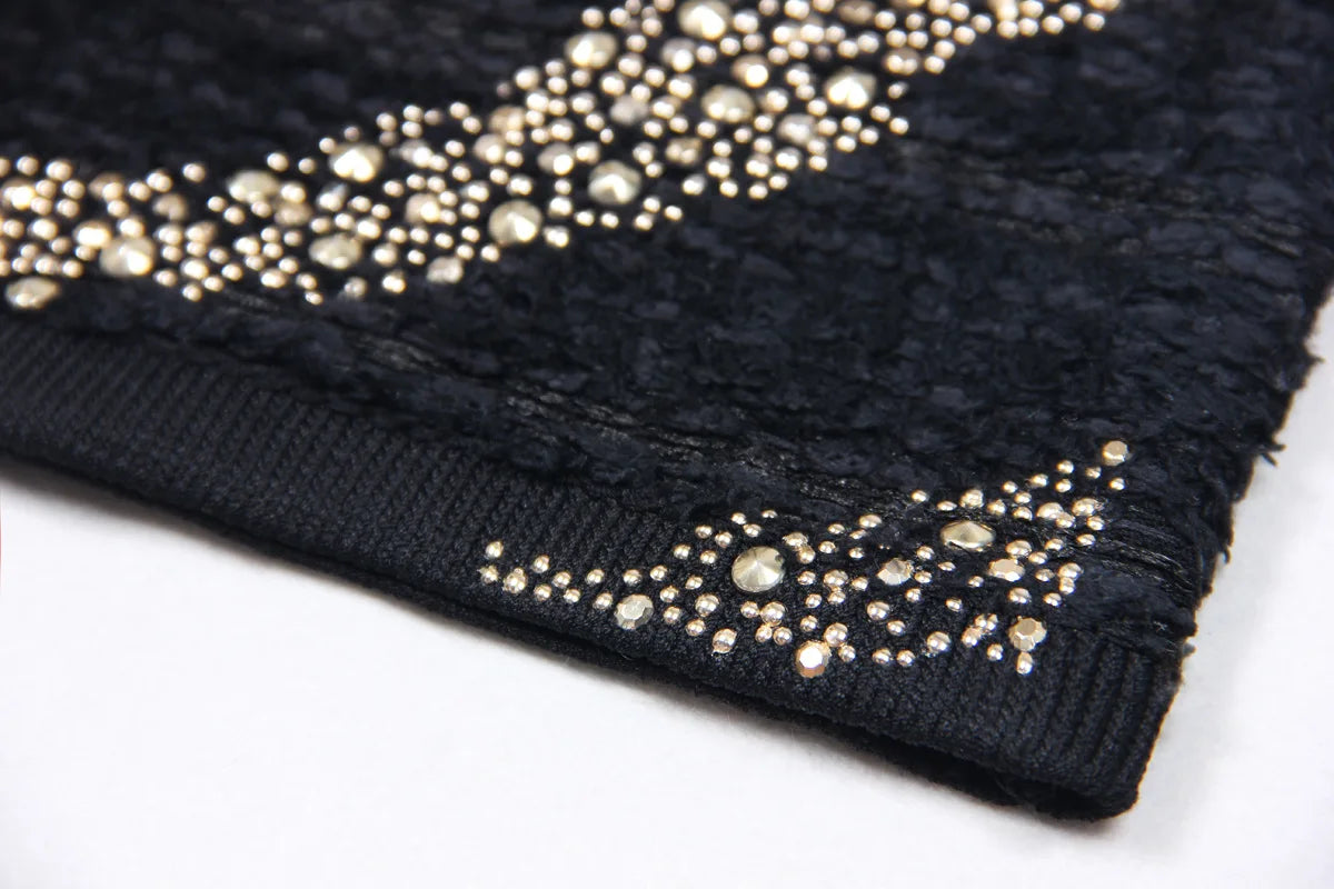 2025 Autumn New Heavy Knitted Hot Diamond Long-sleeved Jacket Sexy Vest + Skirt Set Light Luxury Party Women Three-piece Set