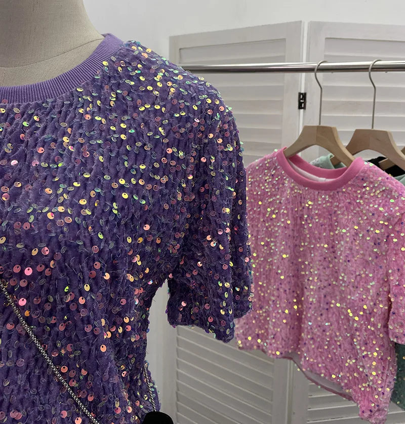 Spicy Girl Pink Sequins Short Sleeve T-shirt Round Neck Slimming Crop Top Blingbling Sexy Nightclub Multi Color Casual Tees