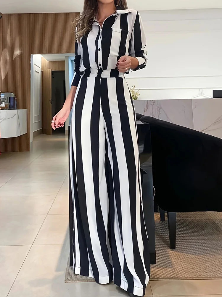 Striped Print Wide Leg Pants Matching Suit Women Summer Loose Long Pants Two Piece Set Female Streetwear Casual Trousers Outfits