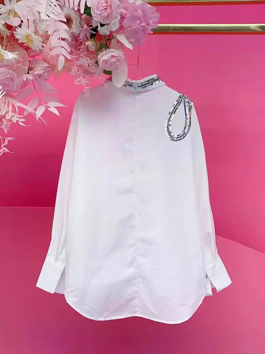 Loose Fit Sequined Embroidered Yellow Blouse For Women