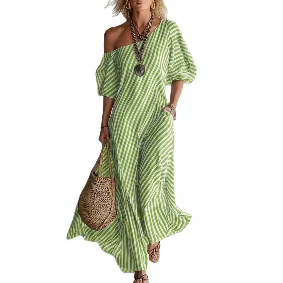 Striped Off Shoulder With Pockets Maxi Dress for Women