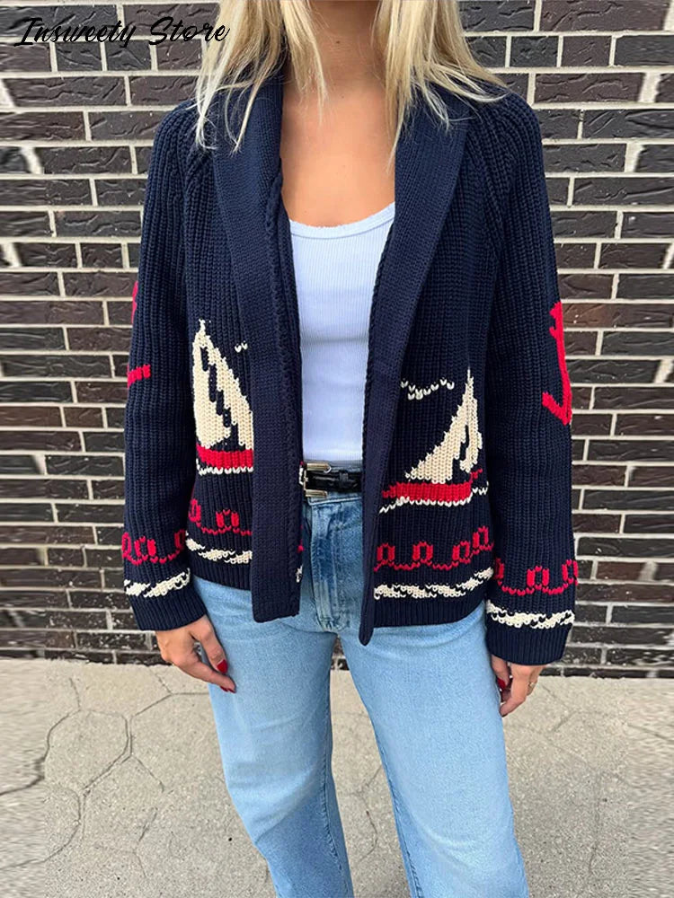 Cozy Jacquard Knit Turn-Down Collar Cardigan for Women