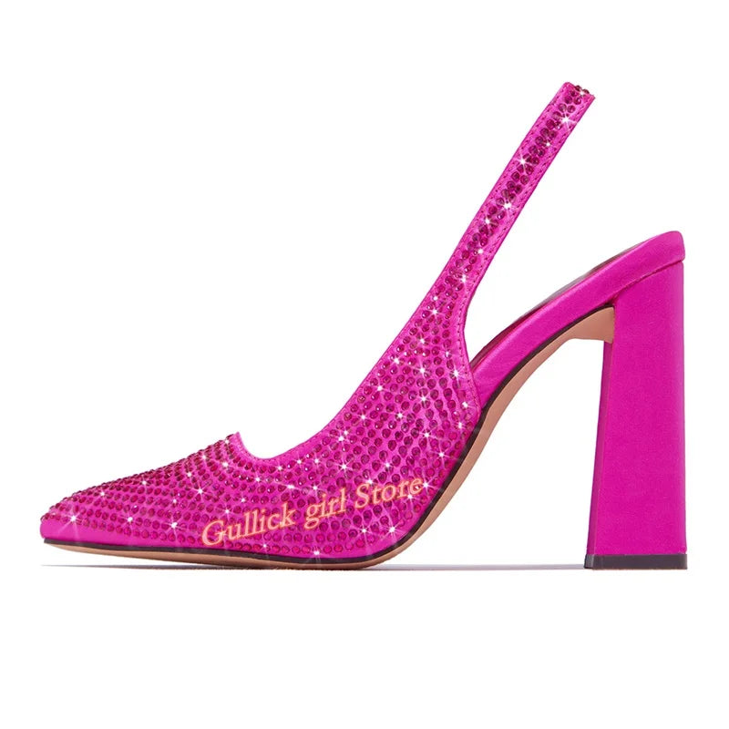Fuchsia Crystal Embellished Pointed Toe Slingback Heels for Women