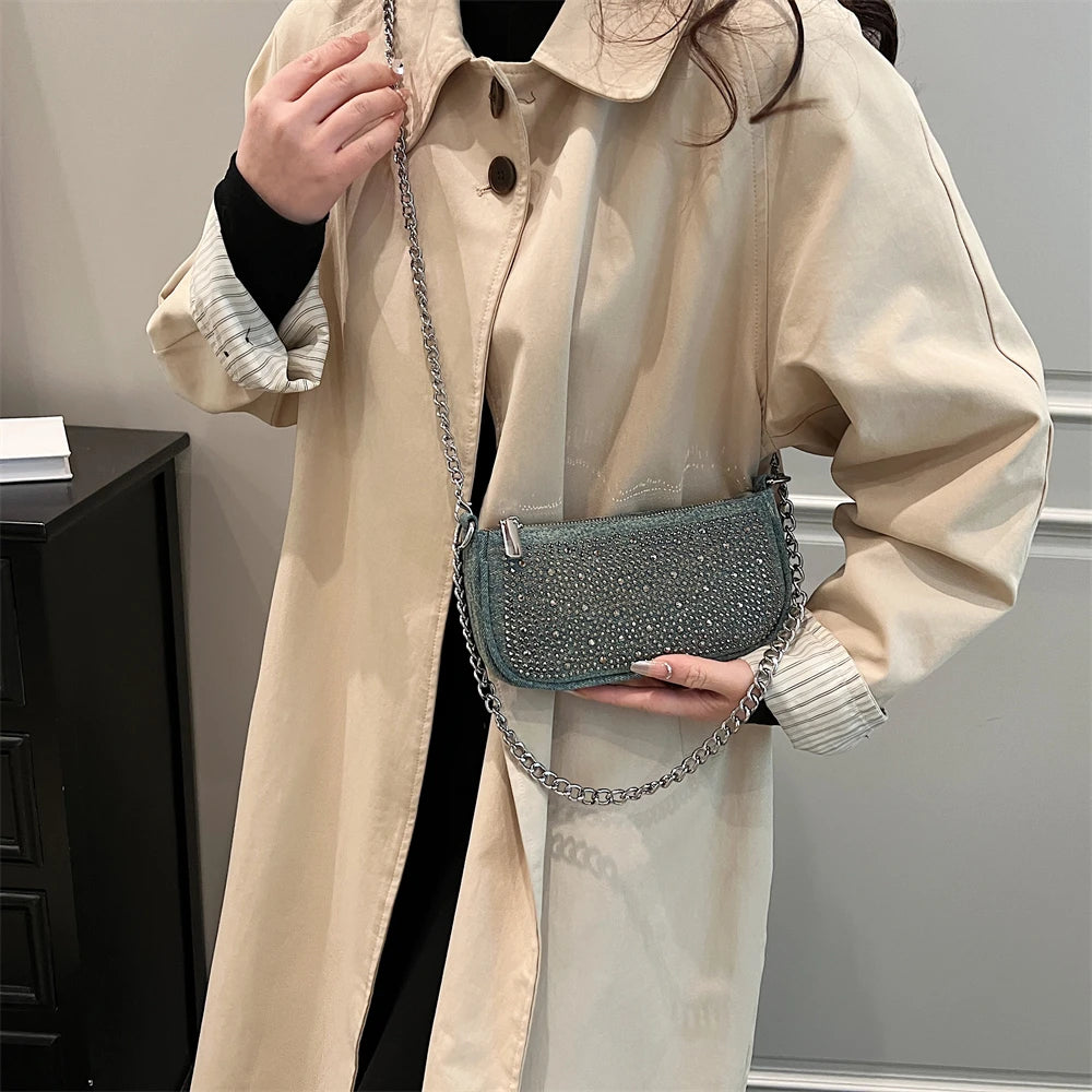 Rhinestone Appliqued Chain Shoulder Crossbody Bags for Women