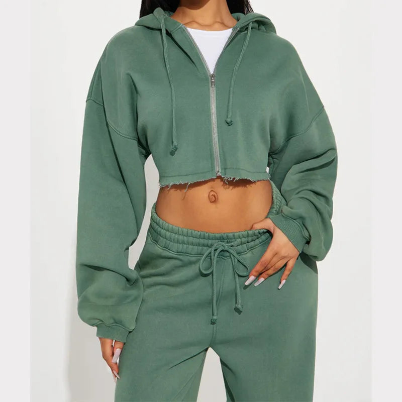 Hooded Cropped Sweatshirt And Long Pants Set for Women