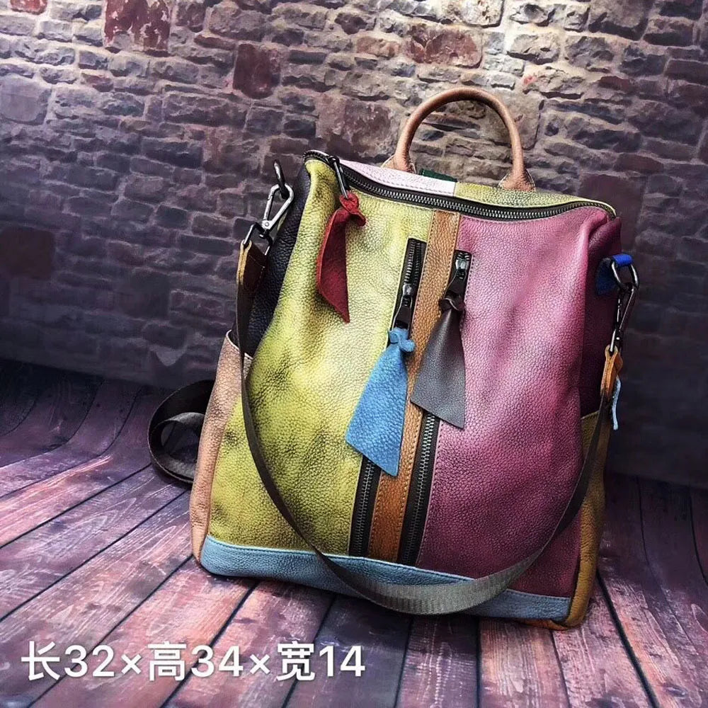 ABQP New Women's Backpack Luxury Brand Genuine Leather Handmade Color Women's Backpack Large Capacity Travel Leisure Backpack
