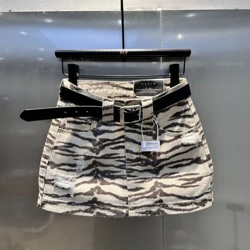Retro High Waist Zebra Print Denim Mini Skirt For Women