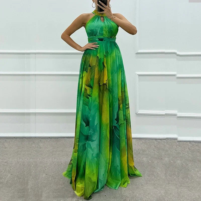 Elegant Lace Up Pleated Boho Print Evening Dress for Women