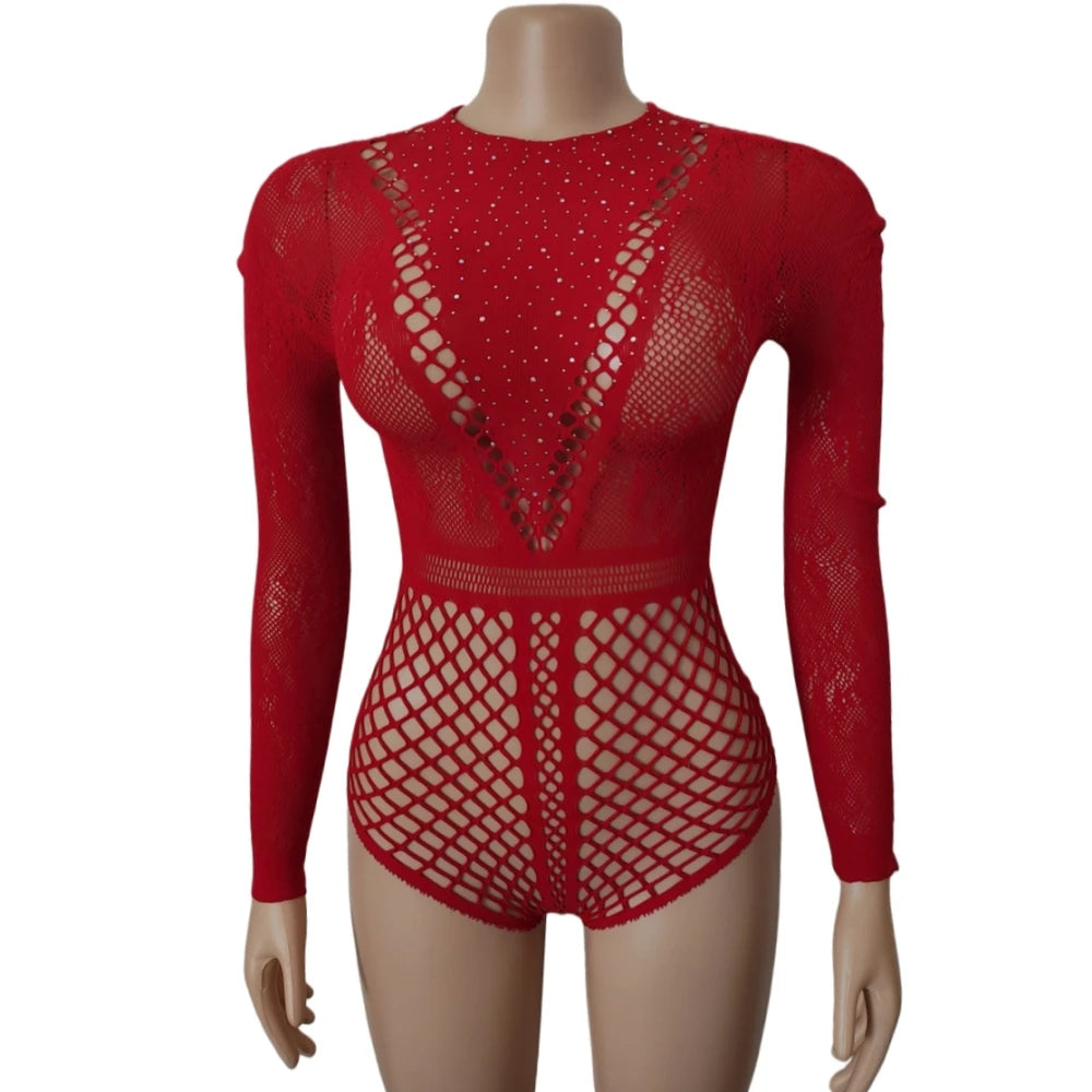 Sexy Rhinestone Mesh Two-Piece Bodysuit Set for Women
