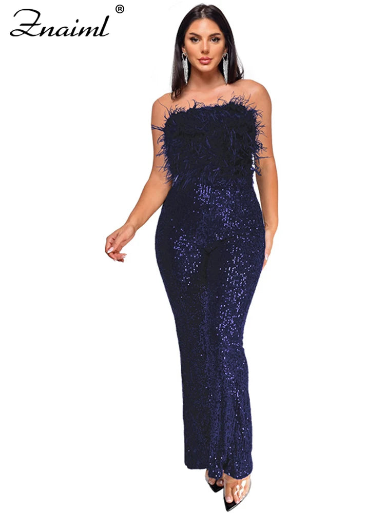 Znaiml New Luxury Sequins Jumpsuit with Colorful Feathers Sleeveless Shiny Dress Women's Evening Birathday One Pieces Rompers