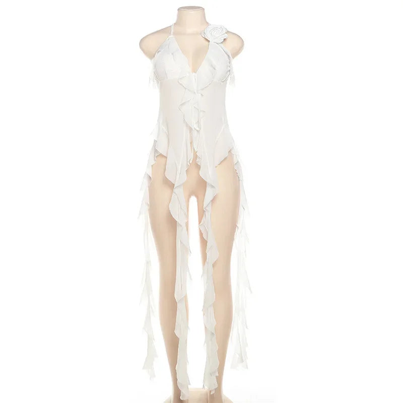 Y2K Sheer Mesh Spaghetti Strap Camisole Top White Ruffle Fringe Halter Tops Coquette Fairy Core Clothes 2024 Fashion