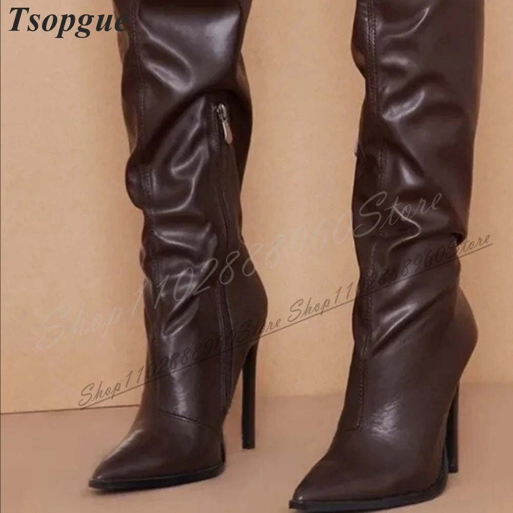 Knee High Coffee Matte Soft Leather Boots Thin High Heel Women Shoes Side Zipper Pointed Toe 2024 Fashion Zapatos Para Mujere