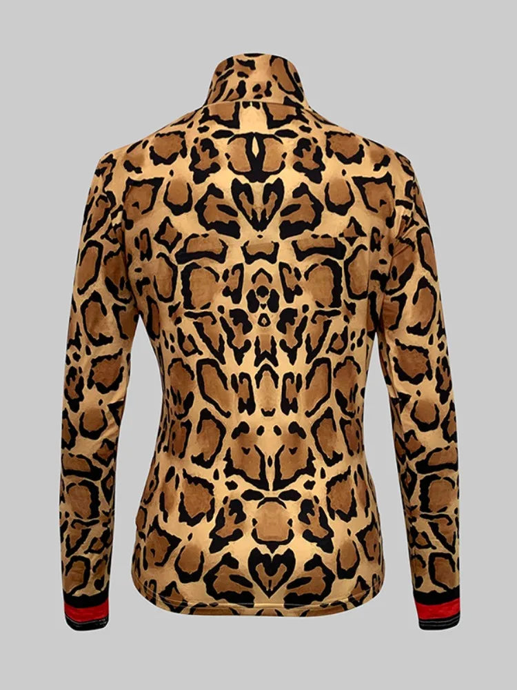 Women's Slim Fit Leopard Printed Turtleneck Blouse Fashion Contrast Striped Long Sleeves Casual Daily Office Basics Tops