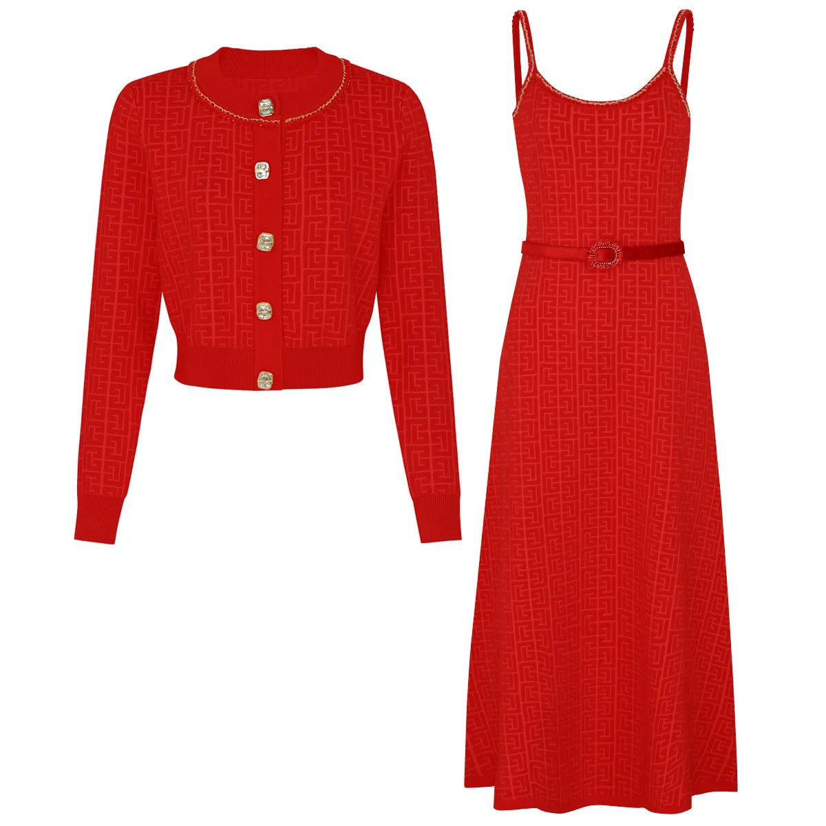 High-End Fashion Knitted Dress Set Autumn New Long Sleeve Single-Breasted Cardigan Coat Suspender Dress Women Two-Piece Set