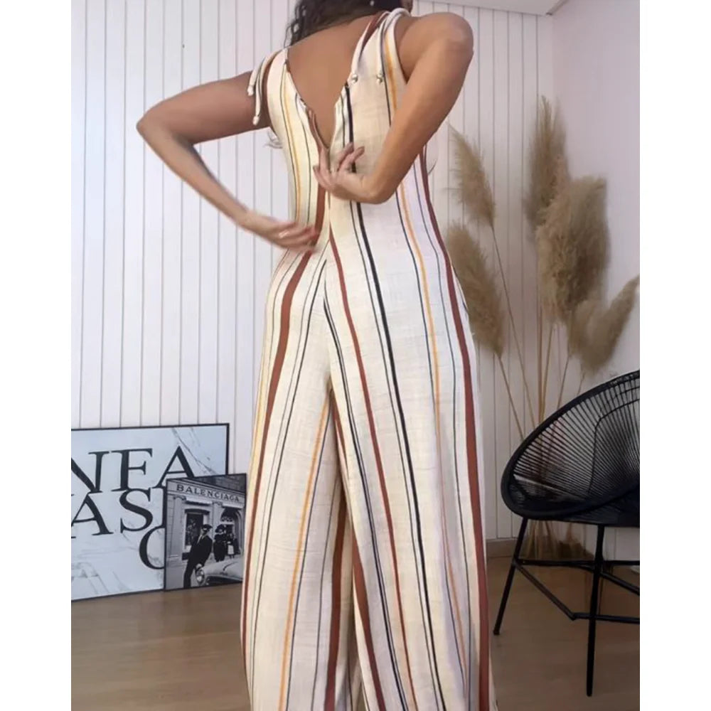 Women'S Striped Print V Neck Shoulder Lace Up Sleeveless Jumpsuit Casual Pocket Design Zipper Wide Leg Romper Summer Outfits
