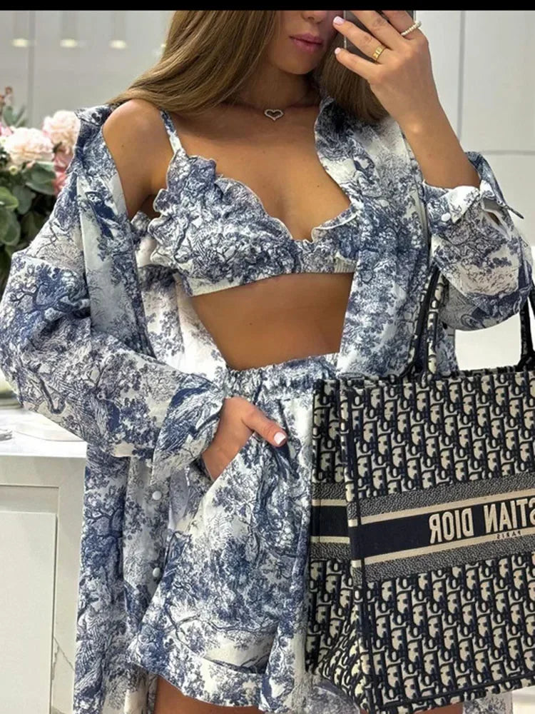 Casual Retro Ink Print Shirt and Shorts Set for Women