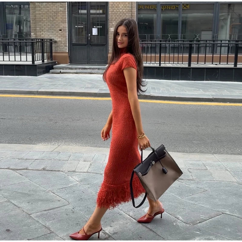 Sequin Knit Short Sleeve Tassel Midi Party Dress for Women
