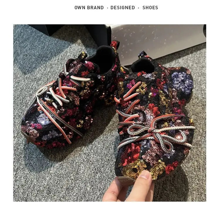Sparkling Crystal Platform Lace Up Sneakers for Women