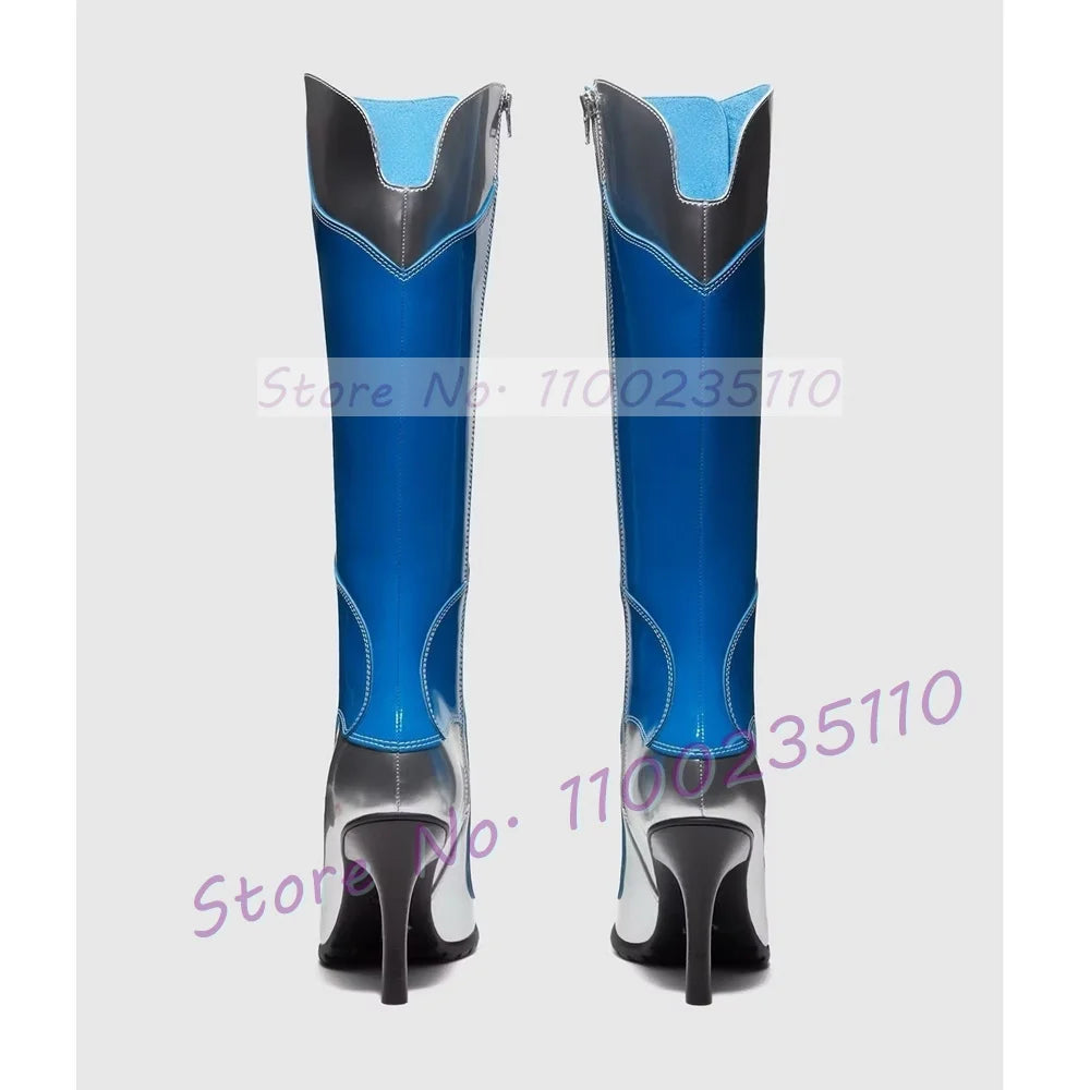 Blue Patent Leather Pointy Toe Knee High Boots for Women