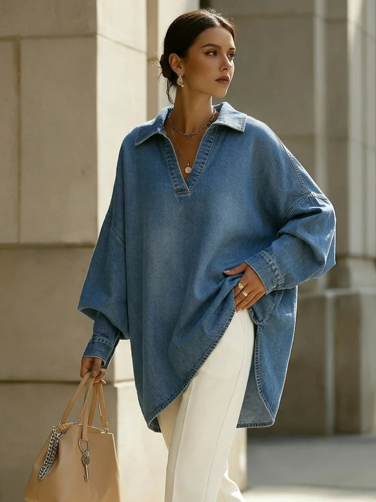 Bonboho Women's Light Blue Washed V-Neck Oversized Denim Shirt 2026 Summer Elegant Casual Blouse for Office & Vacation