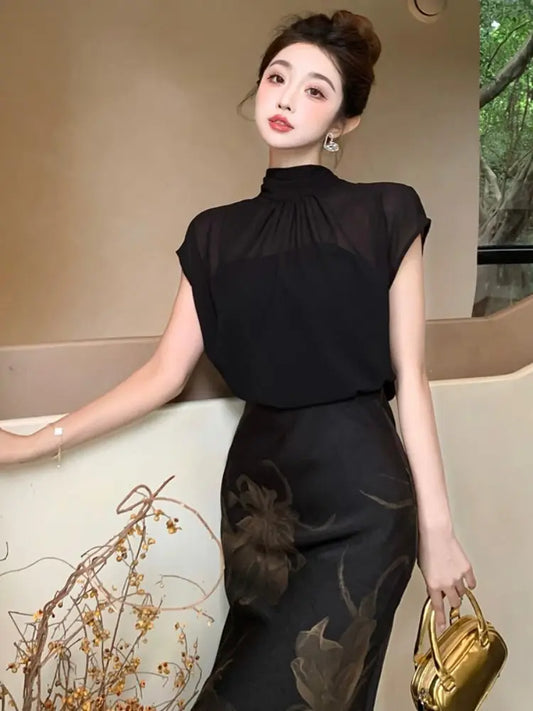 Black Printed Chiffon Three Piece Set