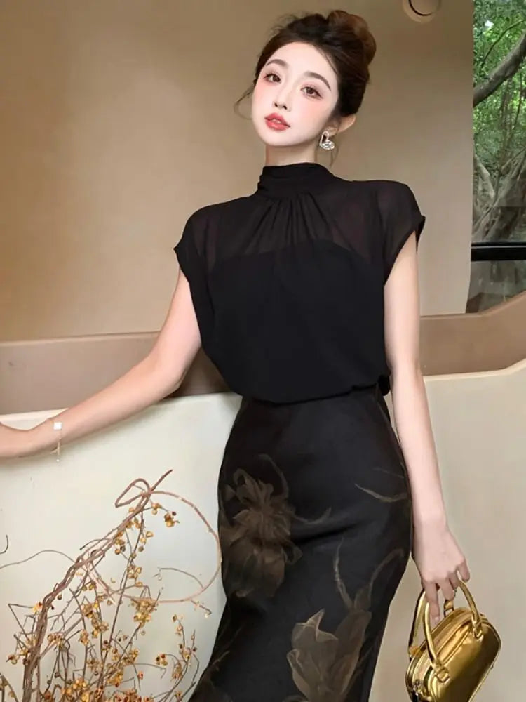 Chiffon Stand Collar Black Three Piece Set for Women