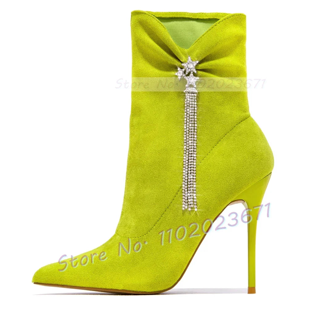 Pink Crystal Rhinestone Fringe High Heel Ankle Boots for Women