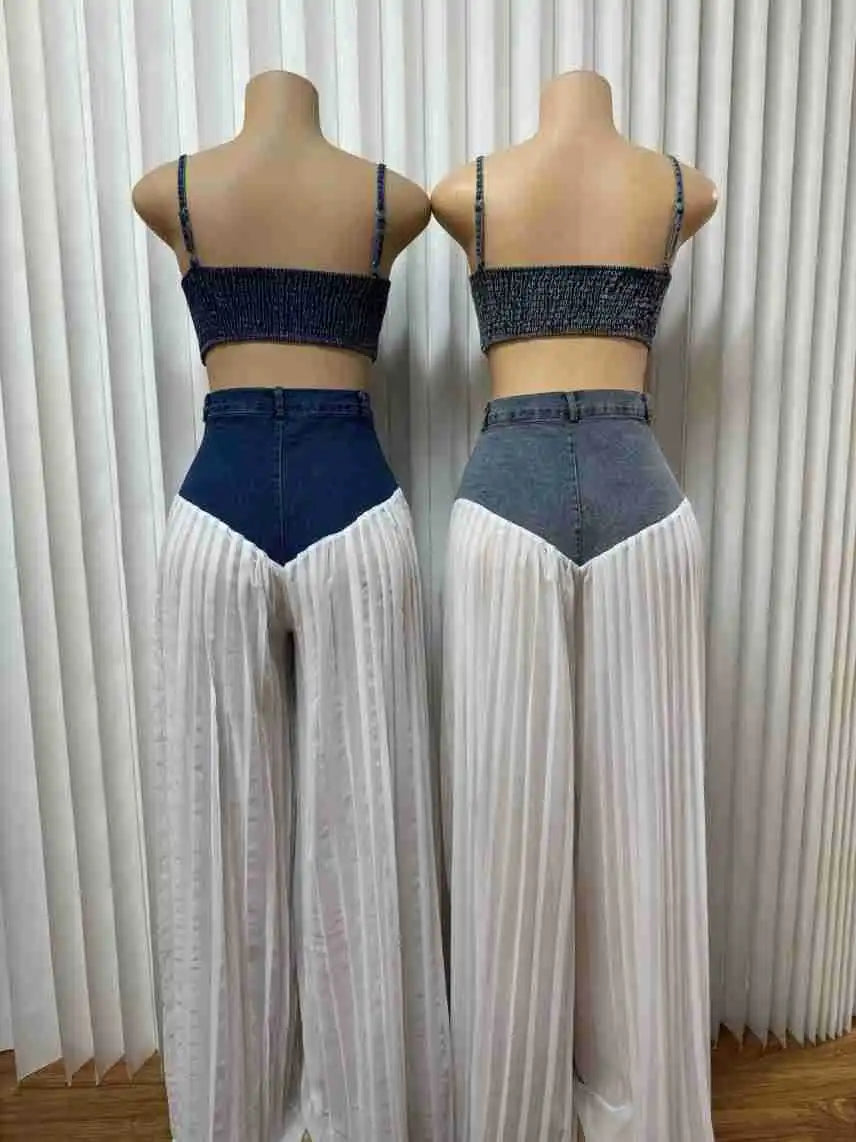Casual Patchwork Wide Leg Denim Tracksuit Set for Women