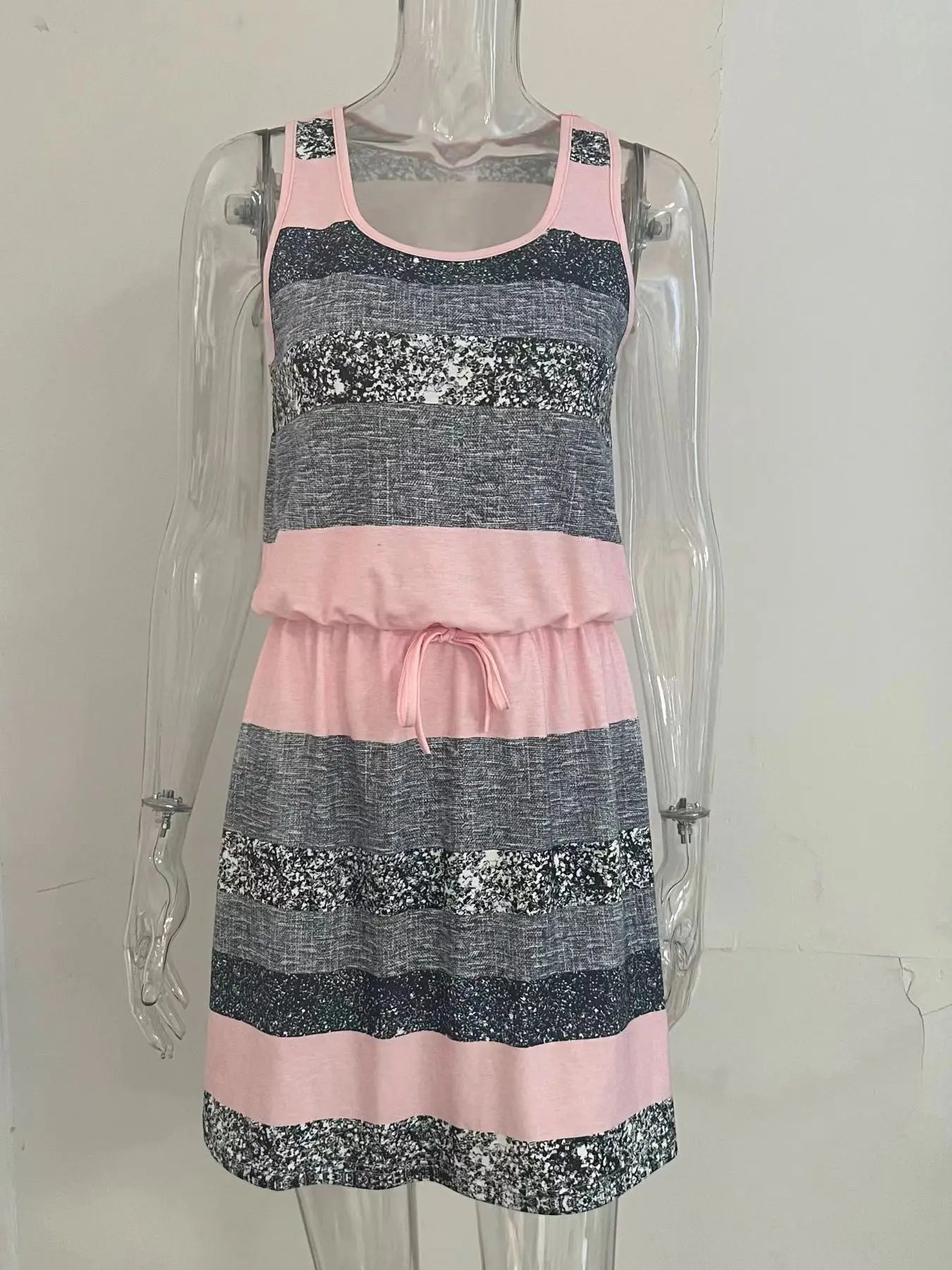 Casual Striped Round Neck Sleeveless Mini Dress for Women