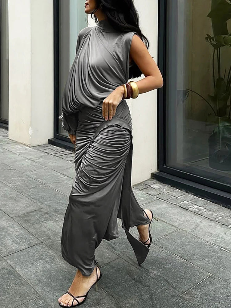 Pleated One-Sleeve Top Two-Piece Set