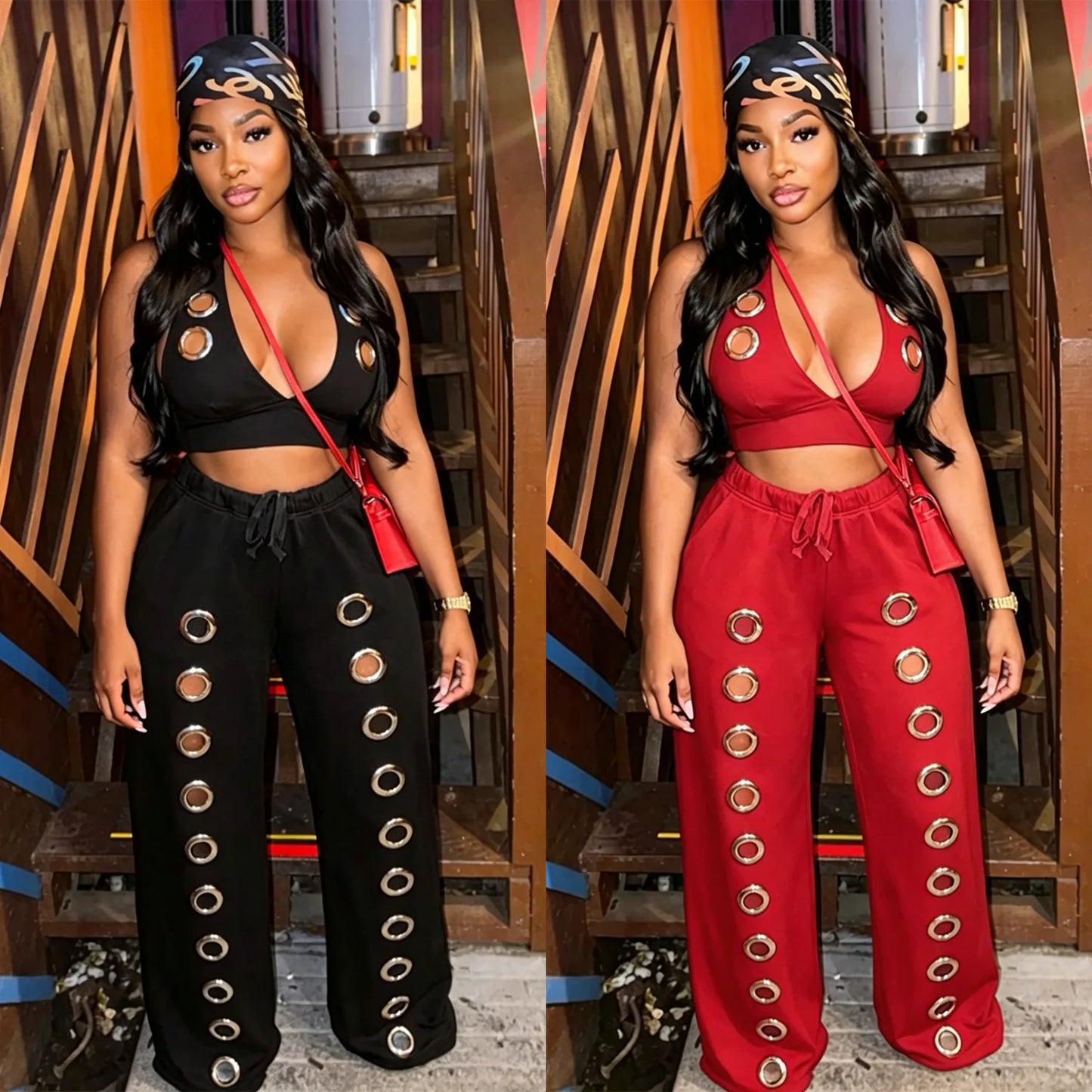 Knit Halter Wide Leg Tracksuit Matching Set for Women