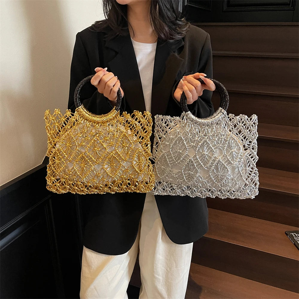 Eco Friendly Woven Round Handle Hollow Out Craft Paper Handbag for Women