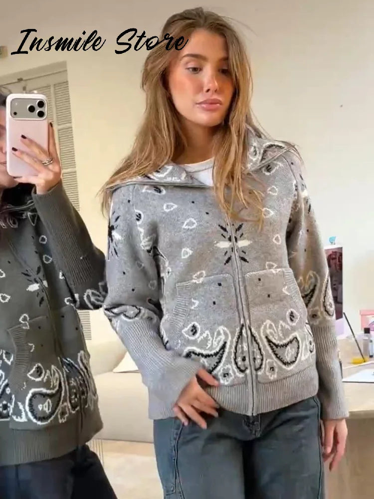 Gray Jacquard Knit Loose Cardigan Long Sleeve Casual for Women