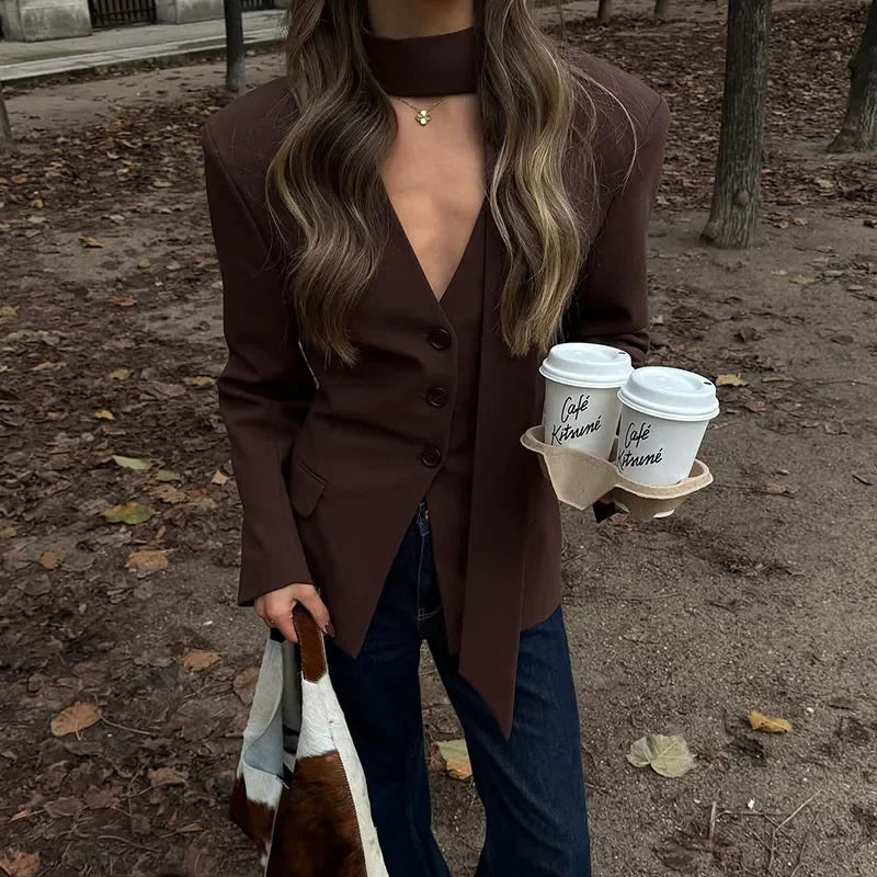 Elegant Slim V-Neck Scarf Trim Blazer Coat for Women